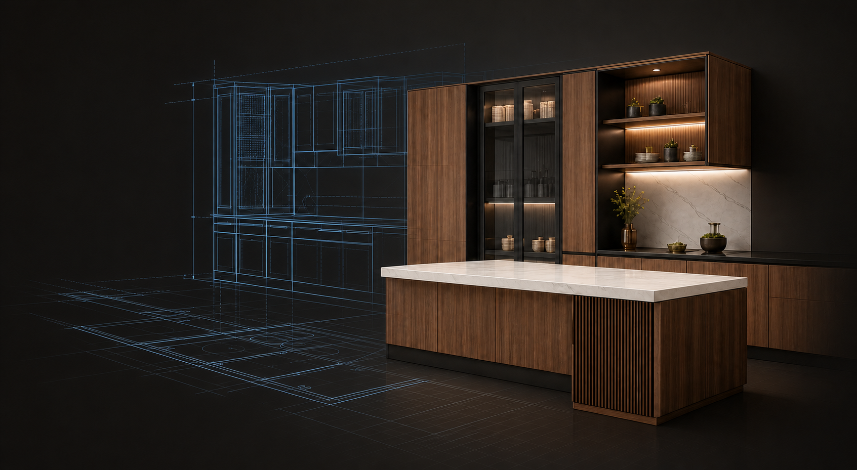 Conceptual illustration: a cabinetry design shown as a dimensioned wireframe drawing on the left, resolving into a rendered kitchen with tall units and an island on the right.