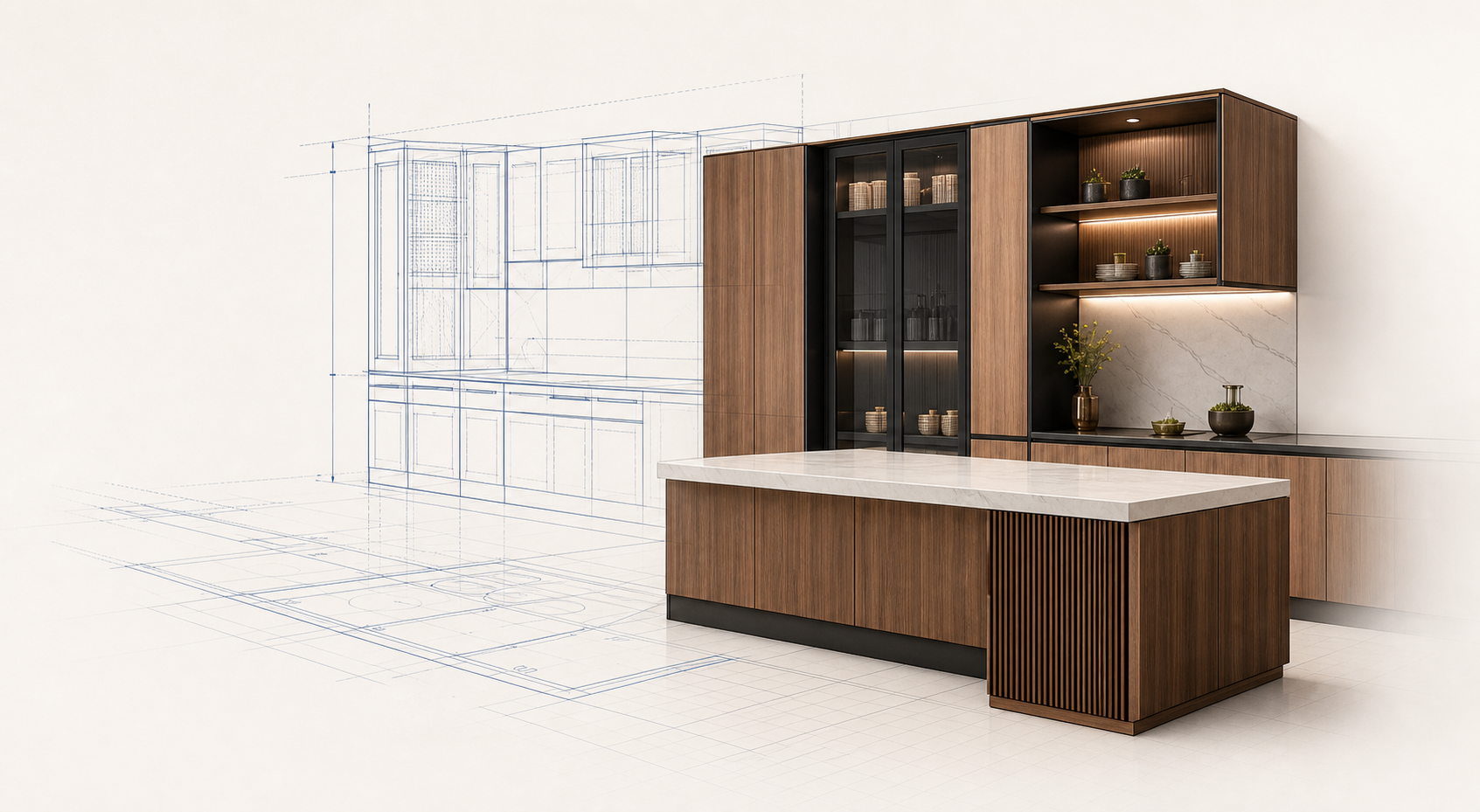 Conceptual illustration: a cabinetry design shown as a dimensioned wireframe drawing on the left, resolving into a rendered kitchen with tall units and an island on the right.